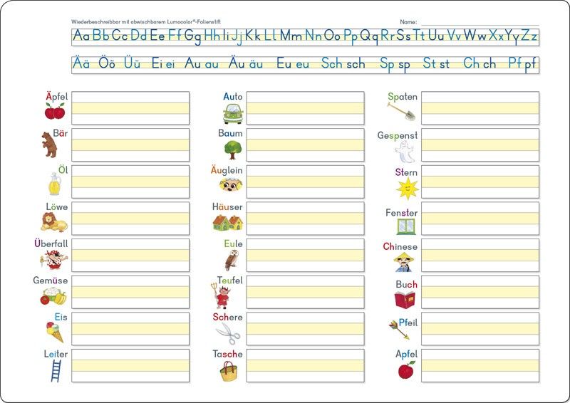 Lerntafel Wörter Druckschrift ab 5 Jahre