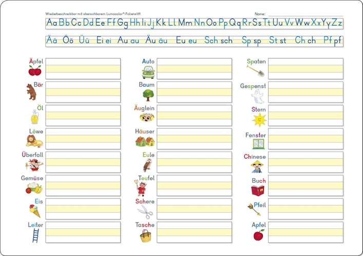 Lerntafel Wörter Druckschrift ab 5 Jahre