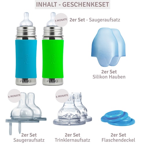Geschenkset 2 Edelstahl Flaschen ab 3 Monate grün blau