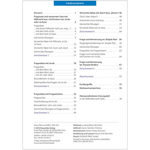 Übungsheft Englisch Frage und Verneinung ab Klasse 6