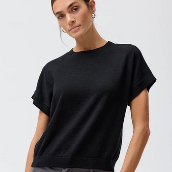 Damen Merino Kurzarm Pullover schwarz