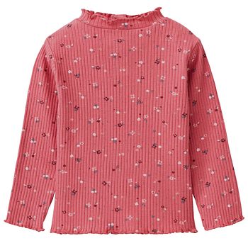 Geripptes Langarmshirt Stehkragen Blümchen himbeerrot