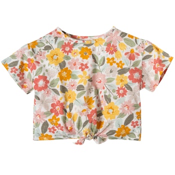 T-Shirt Knotendetail Dschungelblumen weiß-gelb