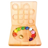 10 bunte Holzreisel mit Kreiselbrett 25 x 25 cm