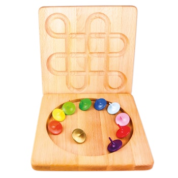 10 bunte Holzreisel mit Kreiselbrett 25 x 25 cm