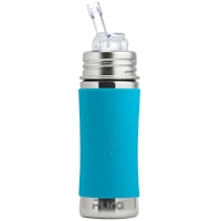 Edelstahl Flasche mit Trinkhalm ab 12 M - open end aqua-blau