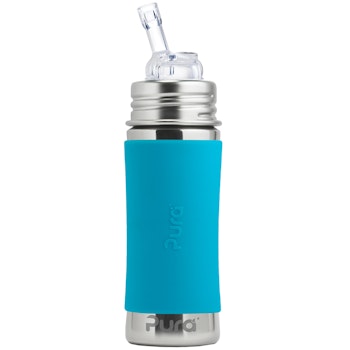 Edelstahl Flasche mit Trinkhalm ab 12 M - open end aqua-blau