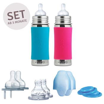 Geschenkset 2 Edelstahl Flaschen ab 3 Monate pink blau