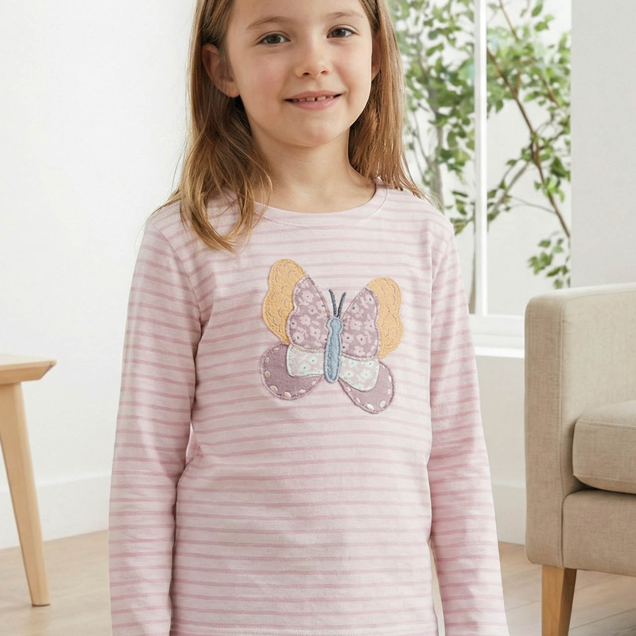 Weiches Langarmshirt Schmetterling rosa geringelt