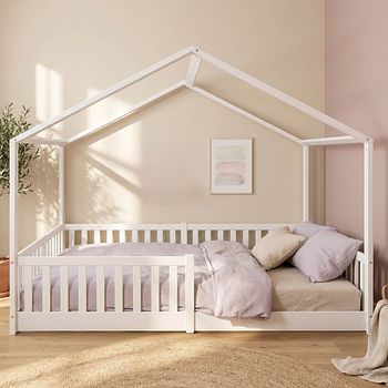 Montessori Bett 140x200 weiß - Bodenbett mit Rausfallschutz