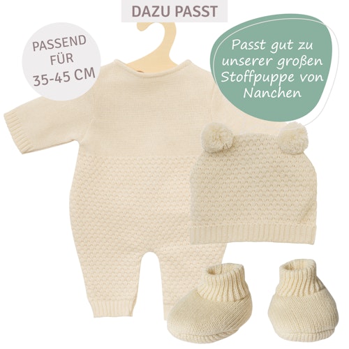 Puppen Mütze und Schuhe 35-45cm beige, Bio-Baumwolle