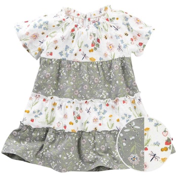 Luftiges Stufenkleid kurzarm Obstgarten weiß-khaki