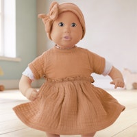 Puppenkleid 28-35cm mit Haarband karamell, Bio-Baumwolle