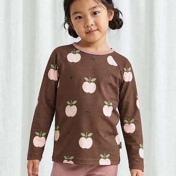 Pyjama Shirt langarm Apfel braun (Ärmel mit Print)