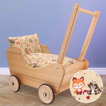 Klassischer Puppenwagen Vollholz Waldtiere 53 cm Griffhöhe