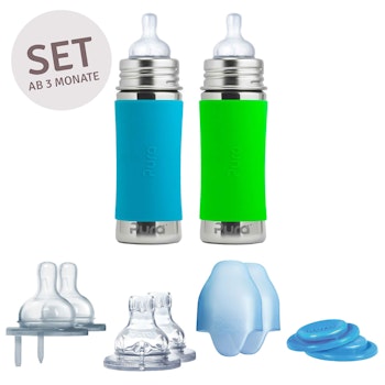 Geschenkset 2 Edelstahl Flaschen ab 3 Monate grün blau