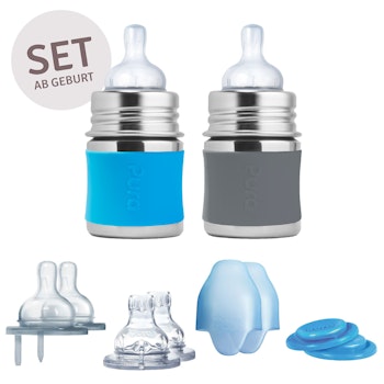 2 Babyflasche Edelstahl Geschenkeset ab Geburt grau blau