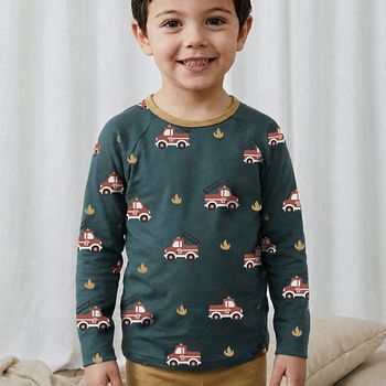 Pyjama Shirt langarm Feuerwehr blau (Ärmel mit Print)