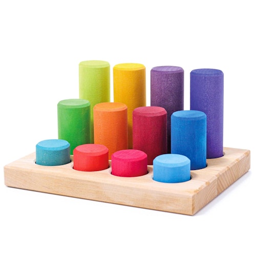 Steckspiel Kleine Walzen- Regenbogen, 12 Teile inkl Sortierbrett