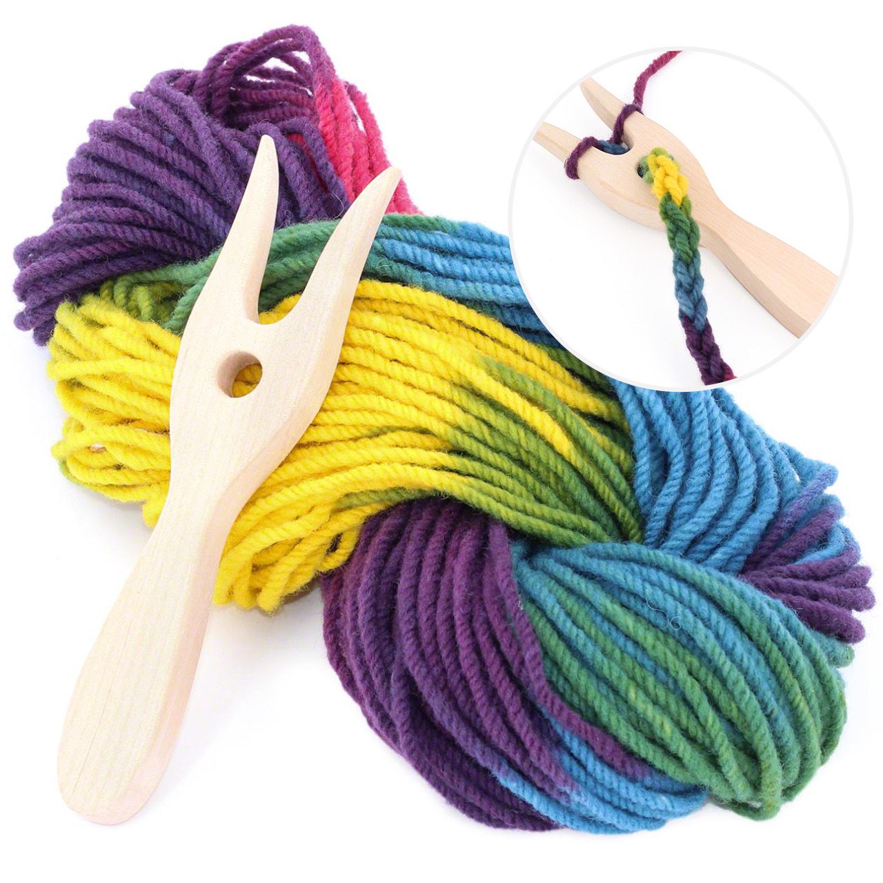 Strickgabel mit Bio-Wolle – blau, grün, gelb