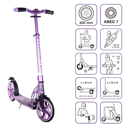 Alu Scooter ab 6 Jahre 35-100kg 205mm-Rädern Lila