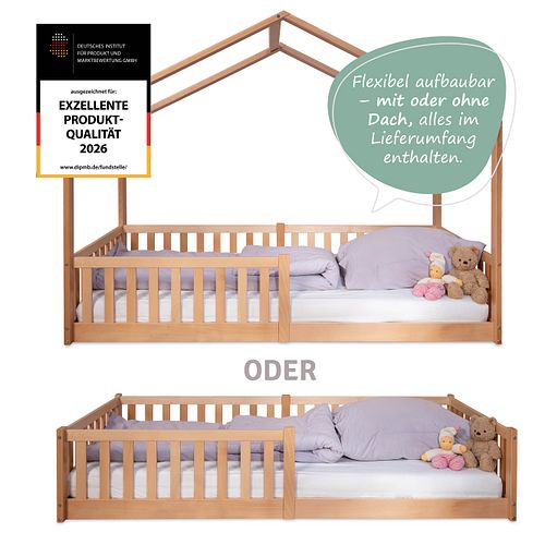 Montessori Bett 90x200 natur – Bodenbett mit Rausfallschutz