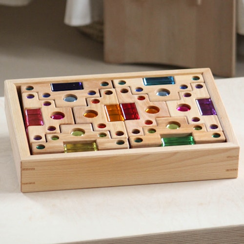 Farbtreppe mit Lichtbauquadern 32 Stück im Holzrahmen