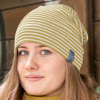 Mitwachsende Beanie Mütze Wolle Seide senfgelb gestreift