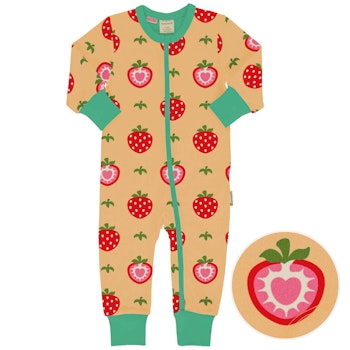Strampler Reissverschluss Erdbeeren beige