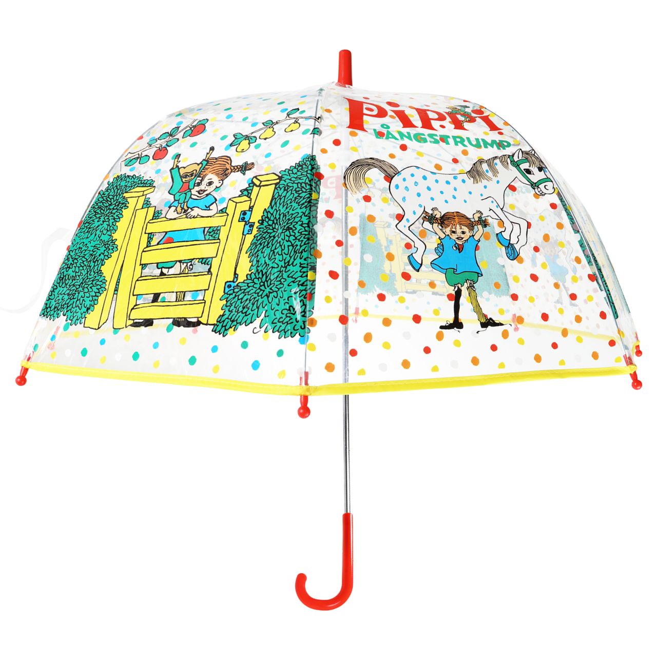 Transparenter Regenschirm mit fröhlichem Motiv