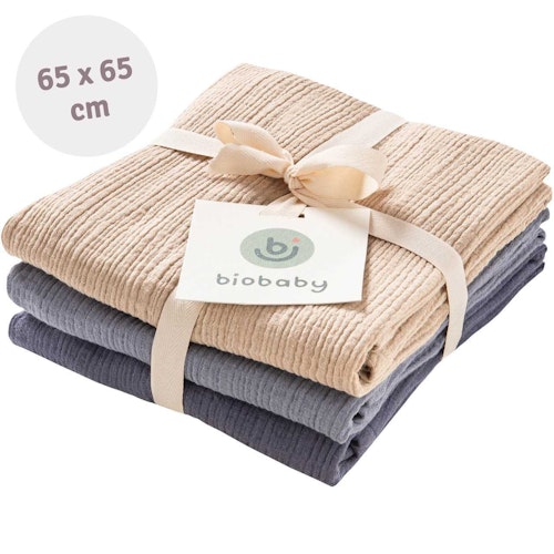 Mulltuch 3er Pack 65 x 65 cm rauchblau, taubenblau, sand