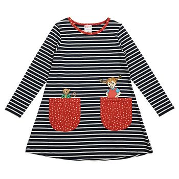 Langarmkleid A-Linie Pippi Langstrumpf blau gestreift
