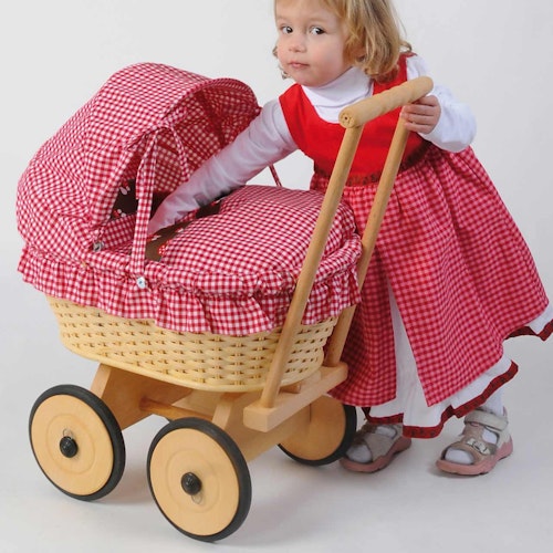 Korb Puppenwagen aus Holz rot-weiß