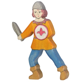 Junge kämpfend aus Holz oranges Hemd