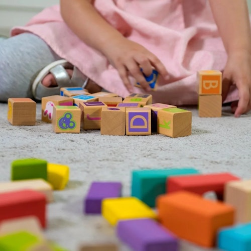 80 Holzbausteine mit Motiven und Buchstaben