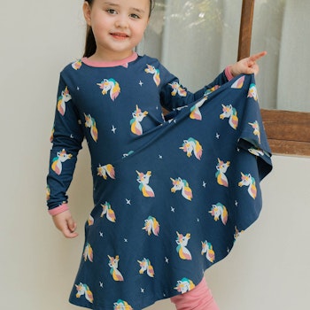 Langarm Flatterkleid Einhorn blau