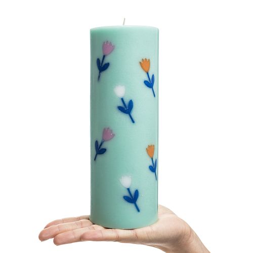 Stumpenkerze GLUMI FLOWER in Türkis 20 cm aus Stearin