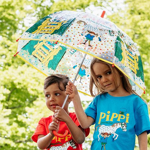 Transparenter Regenschirm mit fröhlichem Motiv