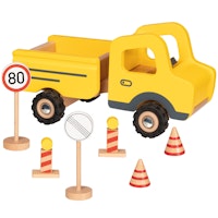 Holzauto für die Baustelle – mit Verkehrsschildern