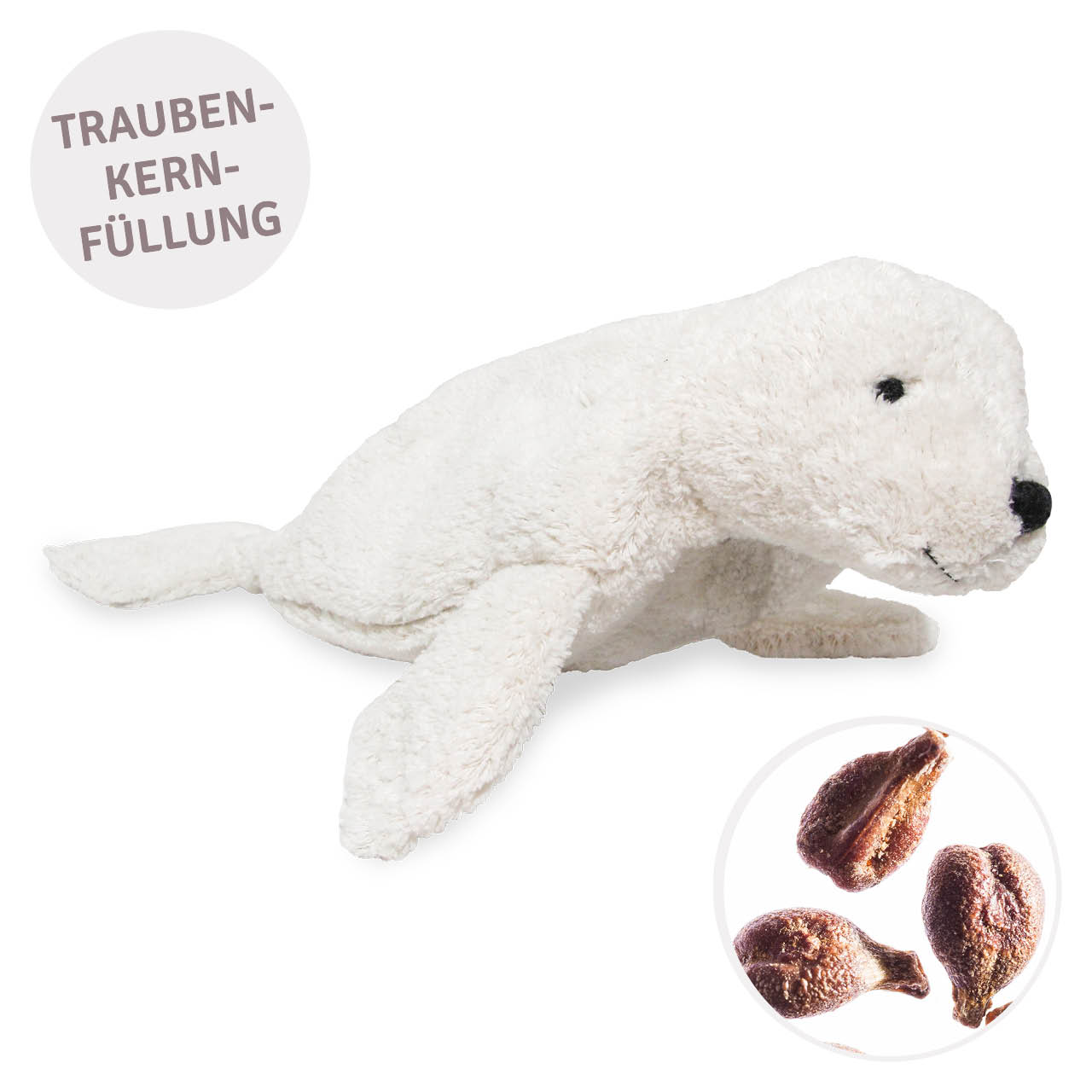 Robbe klein Traubenkernfüllung – Kuscheltier Wärmekissen weiß
