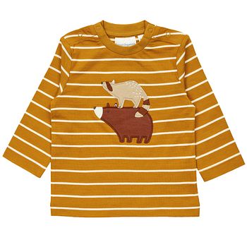 Langarmshirt Baby Tier Aufnäher, curry-gelb gestreift