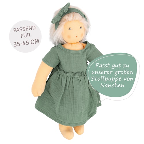 Puppenkleid 35-45cm mit Haarband grün, Bio-Baumwolle
