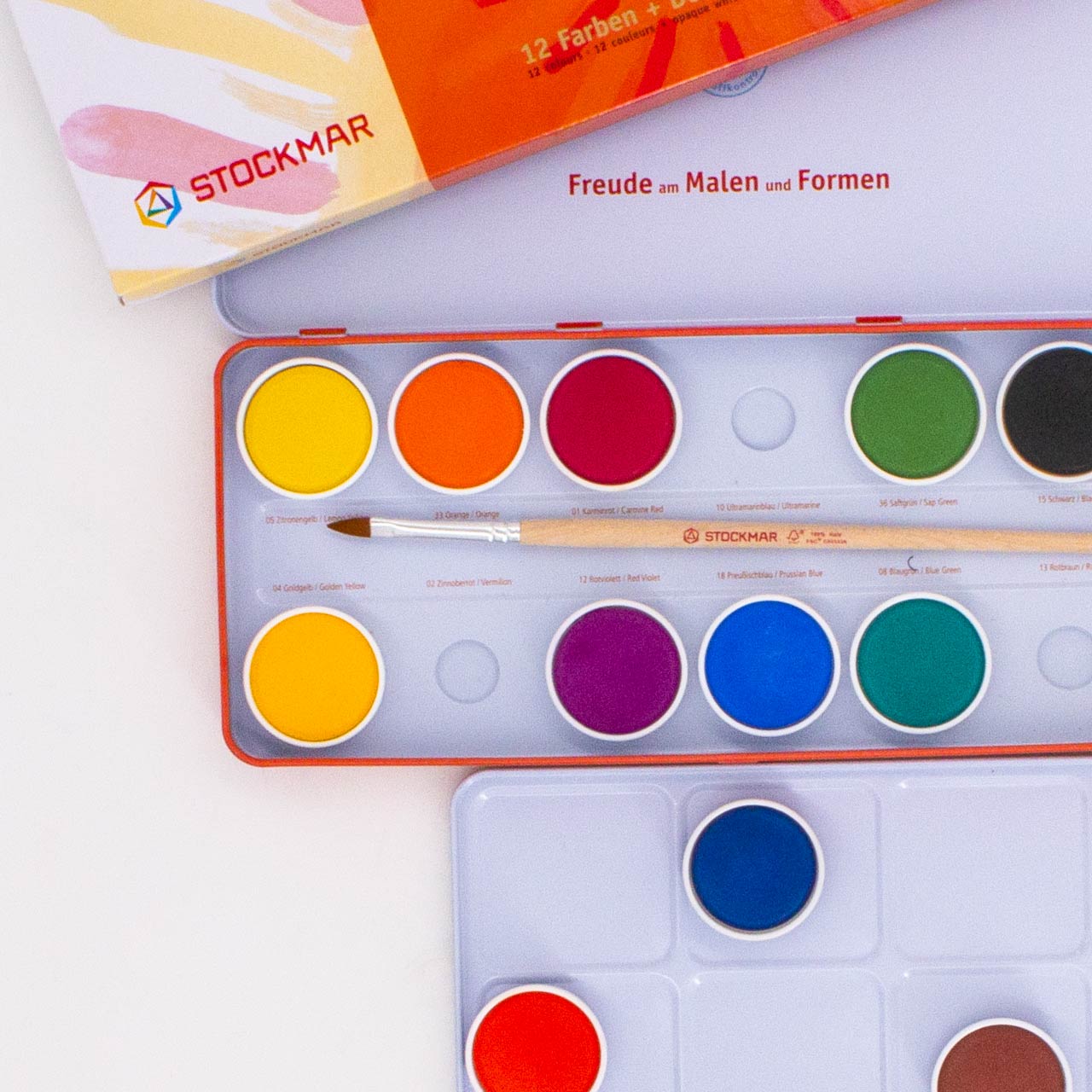 Wasserfarbkasten 12 Farben, Pinsel u. Deckweiß