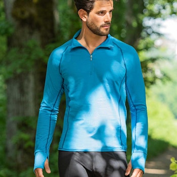 Herren Wolle Seide Zip-Shirt langarm blau Slim Fit