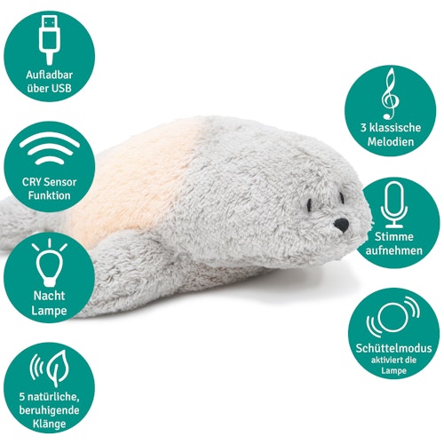 Bio Einschlafhilfe mit Sound und Licht Robbe grau