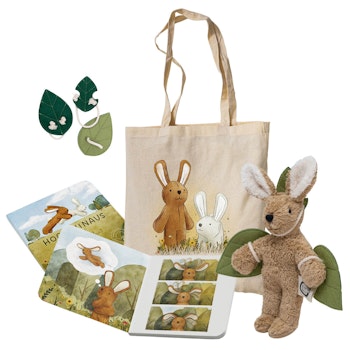 Kuscheltier und Buch Hoch hinaus in Baumwolltasche