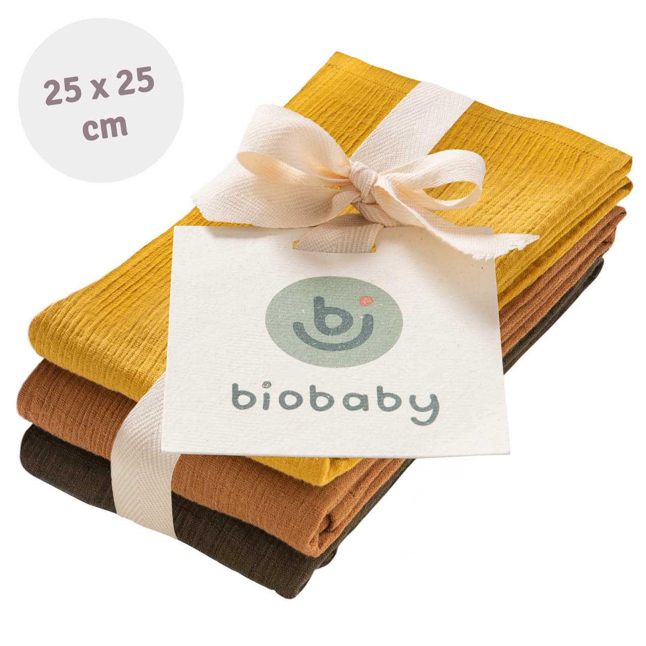 Mullwaschlappen 3er Pack 25 x 25 khaki, karamell, senfgelb