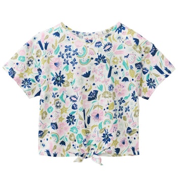 T-Shirt Knotendetail Dschungelblumen weiß-gelb
