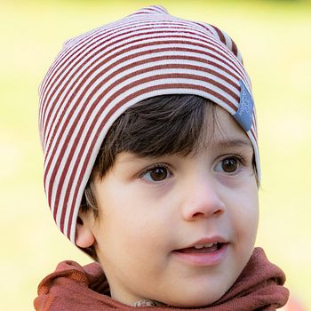 Mitwachsende Beanie Mütze Wolle Seide rotbraun gestreift