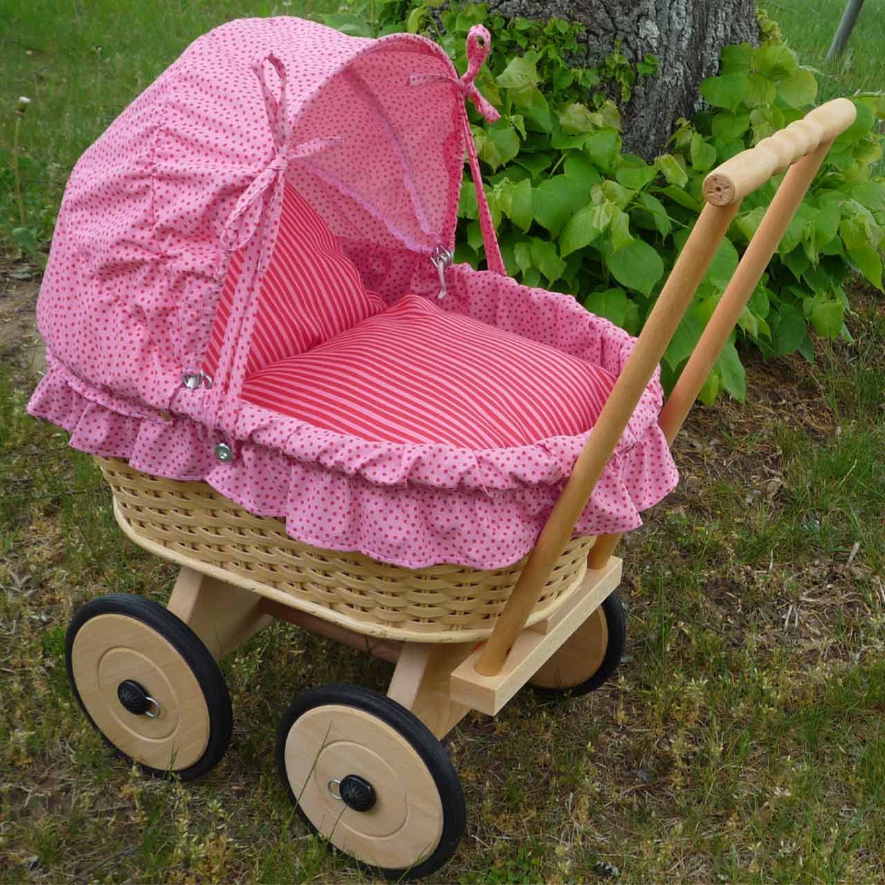 Korb Puppenwagen aus Holz rosa
